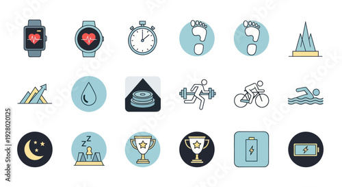 A diverse set of colorful line art icons representing sports health and fitness activities.