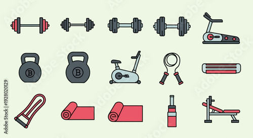 Photography Collection of colorful fitness equipment icons for exercise and training