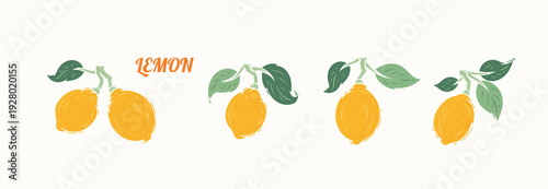 Set of Yellow Lemons with Green Leaves Vector Illustration