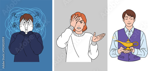 Problem solving transformation concept illustration, confused stressed person changing into calm magical mindset creativity psychology flat vector minimal character design artwork