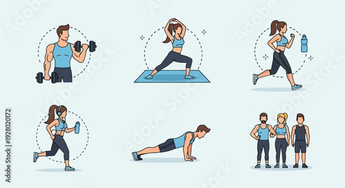 Diverse cartoon people exercising lifting weights running doing yoga and push-ups illustrating various fitness activities.