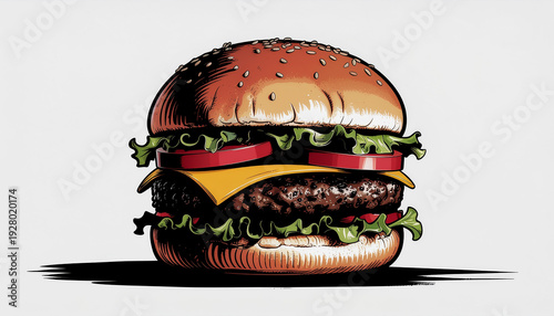 Wallpaper Mural Colorful cartoon‑style hamburger with sesame bun, lettuce, tomato, cheese and a grilled patty, illustrated with bold lines and shading for a vibrant, appetizing look. Torontodigital.ca