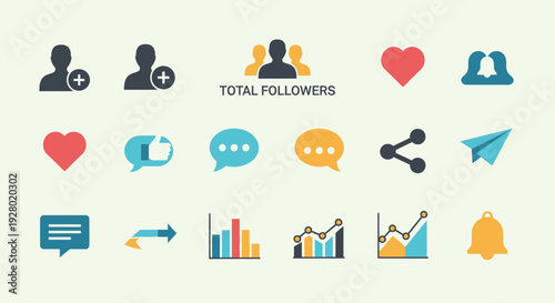 Vibrant Social Media Communication and Business Analytics Icons.