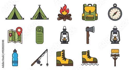 Collection of Outdoor Camping and Hiking Gear Icons.