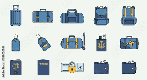 Collection of Blue Travel Accessories: Suitcases Backpacks Passport Tickets and Wallets.