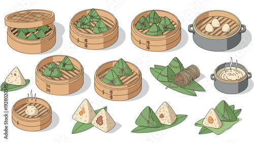 collection of hand drawn sticky rice dumplings zongzi with steaming bamboo steamers and leaves