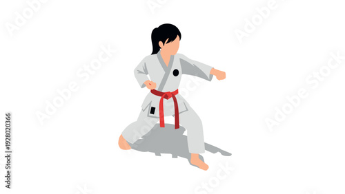 woman performing karate punch in white gi with red belt flat vector illustration