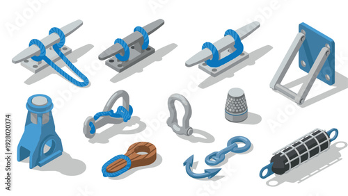 isometric set of marine cleats hooks shackles and boat hardware in simple vector style