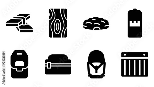 black silhouette icons of kite surfing equipment including board harness bars and lines in set