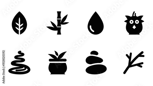 black silhouette nature and relaxation icons set with leaf bamboo water and stones in minimalist style