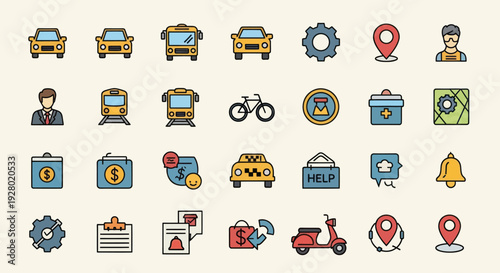 Transportation and Service Icons: A Colorful Vector Set for Urban Mobility and Assistance.