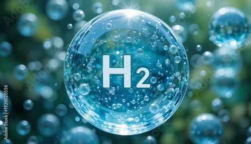 A close-up view of a transparent bubble with the chemical symbol H2 inside, surrounded by numerous smaller bubbles in a blurred green and blue background.