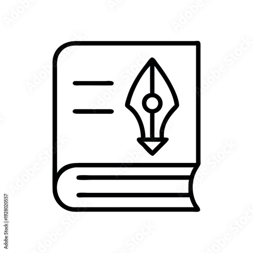Book with fountain pen nib icon, linear style. Ideal for literature, writing, and education concepts.
