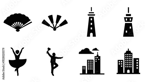 set of silhouette icons with fan lighthouse ballerina hammer man and city buildings in black and white