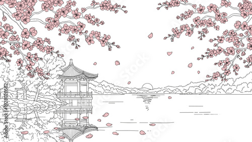 cherry blossom branches over traditional asian pavilion by lake in hand drawn outline style