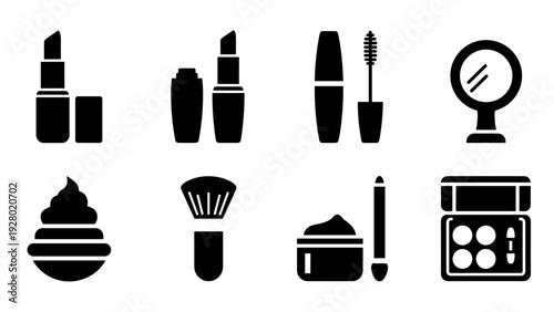 black silhouette makeup icons set with lipstick mascara brush mirror cream and eye shadow palette in flat style