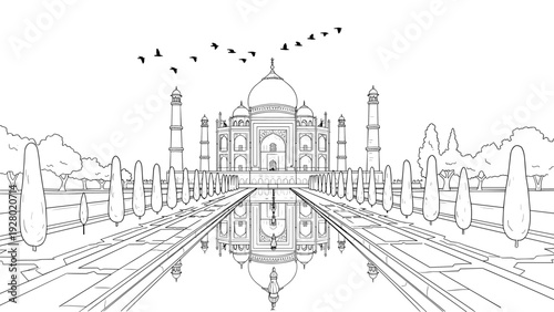 hand drawn Taj Mahal monument with reflection line art illustration