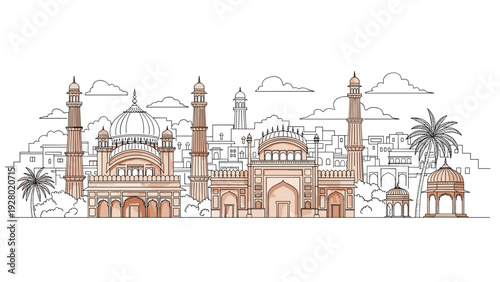 hand drawn outline illustration of historical mosque with domes minarets and palm trees cityscape background