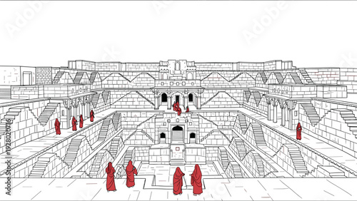 historic stepwell with women wearing traditional clothing hand drawn architectural illustration