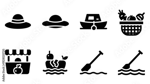 set of black silhouette icons with sun hats boat picnic basket fruit stall floating apple and paddles in simple style