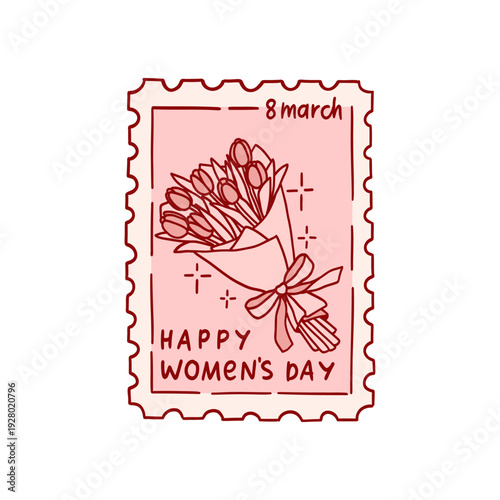 Postage stamp or sticker with bouquet of tulip flowers illustration and coquette bowknot. Happy Women's Day. March 8. Hand drawn red ink vintage clipart