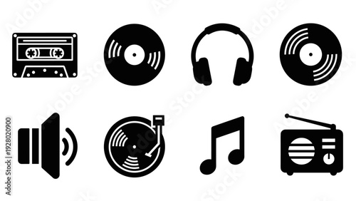 set of music and audio technology icons in black silhouette style including cassette vinyl headphones speaker and radio