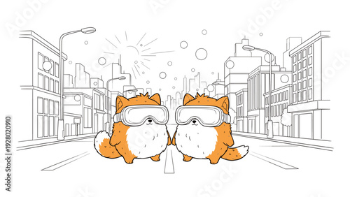 two cute chubby foxes wearing vr goggles hand drawn cartoon in city street outline style