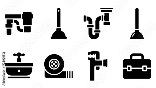 plumbing tools and pipe icons set in black silhouette style for repair and maintenance