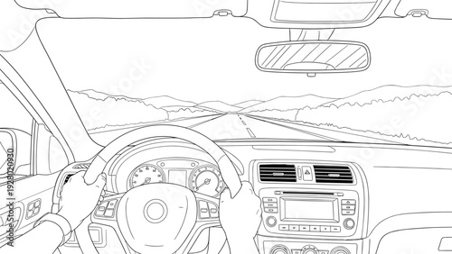 person driving a car with hands on steering wheel black and white line art illustration