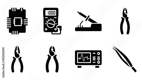 electronic repair tools and components icon set in solid black style
