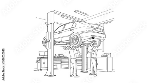 car on lift with two mechanics inspecting and repairing in automotive service workshop hand drawn line art
