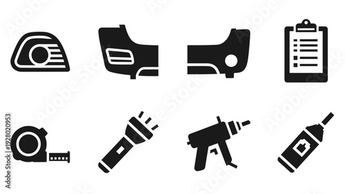 set of black silhouette car repair tools and auto parts icons in simple style