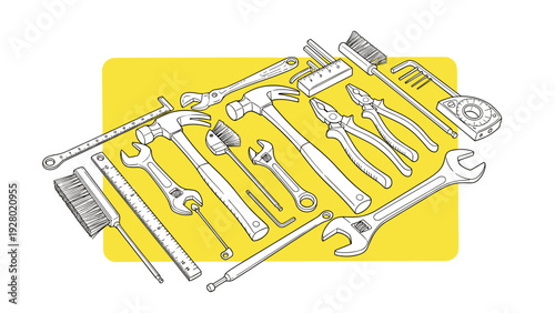 hand drawn set of various construction and repair tools with yellow background in line art style