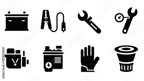 collection of hand drawn automotive repair tools and equipment icons in black silhouette style