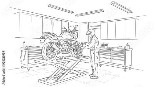 man repairing motorcycle in garage hand drawn line art illustration with tools and workbenches