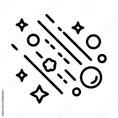 Abstract space background with stars and bubbles, black and white line art vector illustration of cosmic elements or chemical reaction