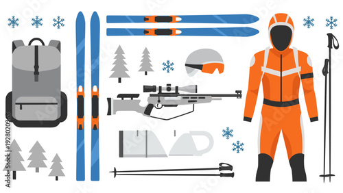 skiing and winter survival gear set with hand drawn style for outdoor adventure and winter sport