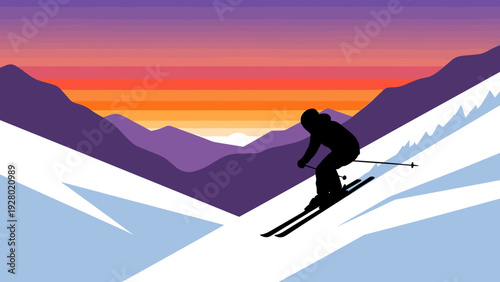 silhouette of a skier skiing down snowy slope with colorful sunset mountains background vector illustration