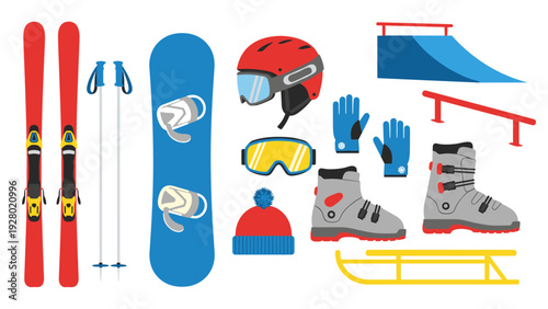 set of winter sports equipment including skis poles snowboard boots helmet gloves goggles hat sled and rails in flat style