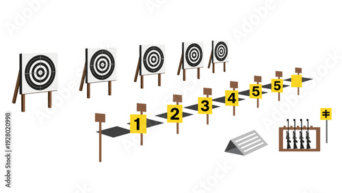 archery or shooting range with targets numbered signs rifles and shooting position indicators in flat vector style