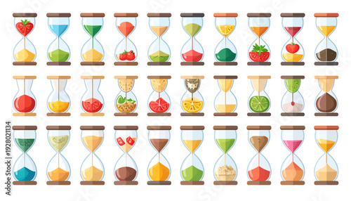 Collection of Hourglasses with Various Colored Sands.