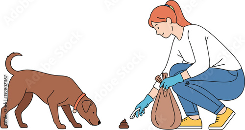 Responsible pet owner cleaning dog poop illustration, woman picking up waste with bag outdoor hygiene animal care vector design