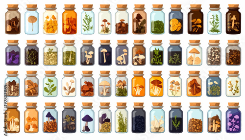 Collection of Jars with Various Contents.