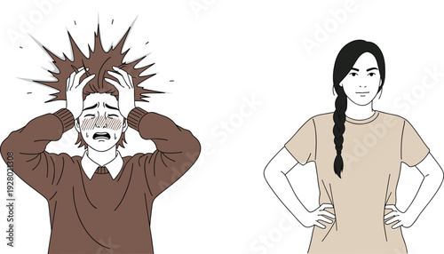 Stressed frustrated person with headache anxiety emotion illustration, calm confident woman standing pose, mental health concept vector isolated minimal design