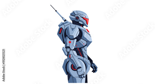 Grey pixel art robot with red accents in side profile on white.