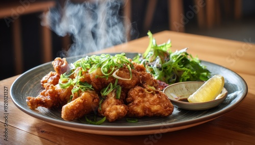 Wallpaper Mural Steaming Crispy Fried Chicken Garnished with Green Onions and Served with Lettuce and Lemon on a Dark Plate Torontodigital.ca