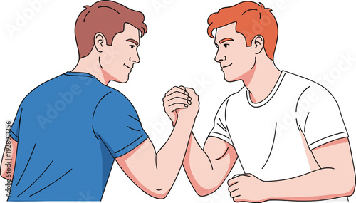 Strong men arm wrestling competition illustration, male rivalry strength challenge sports contest power teamwork motivation vector character fitness design