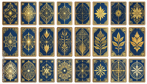 Collection of ornate gold and blue cards.