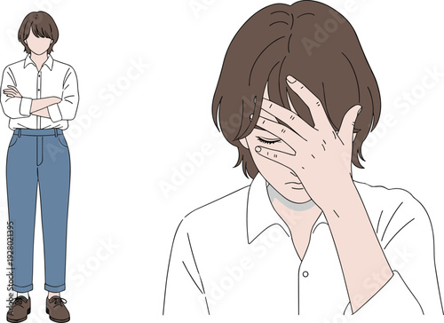 Stressed young man covering face illustration, anxiety depression burnout mental health emotion concept isolated character vector psychological design scene