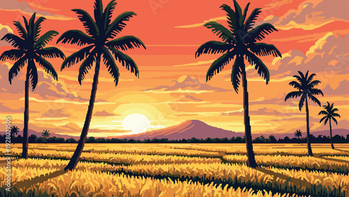 sunset landscape with palm trees and golden fields hand drawn vector illustration